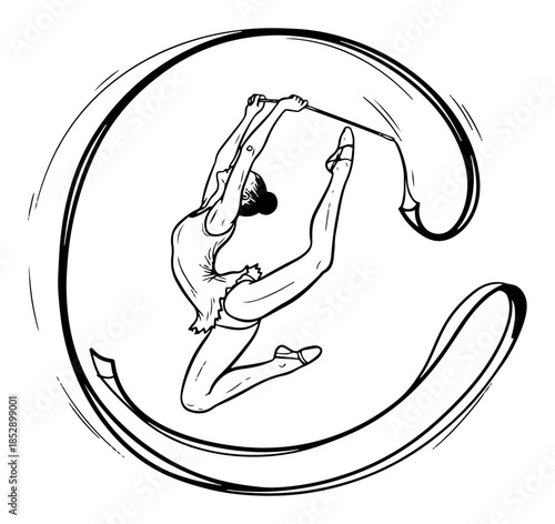 Rhythmic gymnast woman jumping with ribbon forming a circle vector illustration sketch line art