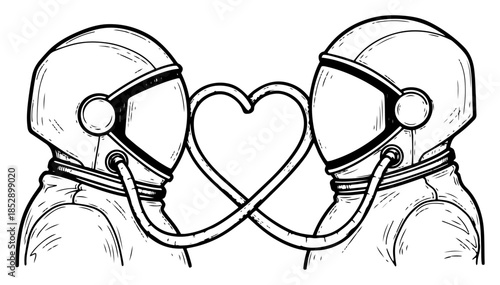 Two astronauts in love with helmets and tubes forming a heart vector illustration sci-fi sketch style