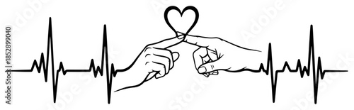 Heartbeat line morphing into hands touching with a heart knot vector illustration love pulse concept