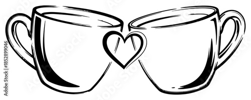 Two coffee cups toasting with a floating heart vector illustration romantic breakfast concept