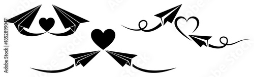 Paper airplanes flying with heart shaped trails vector illustration love message concept set