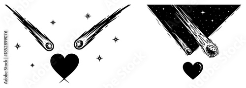 Shooting stars and comets aiming at a heart tattoo style vector illustration celestial romance set