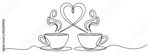 Two coffee cups with steam forming a heart shape vector illustration continuous line art style