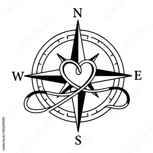 Vintage compass rose with heart and infinity symbol vector illustration tattoo design direction love
