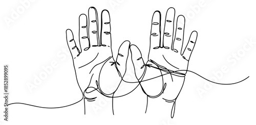 Hands connected by a tangled string of fate vector illustration continuous line drawing style