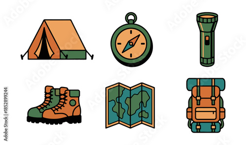 Camping equipment icons tent compass flashlight boots map backpack