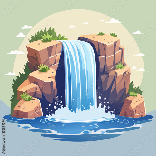 Cartoon illustration of a waterfall cascading over rocks into a pool of water.