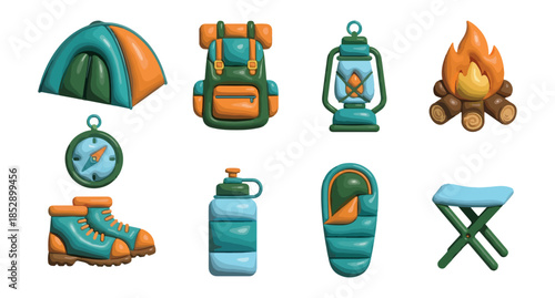 Camping equipment set icons outdoor adventure exploration travel