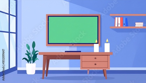 Blue-toned room with a green-screened TV, a plant, candles, a desk, and a shelf in a simple, bright, cartoon style