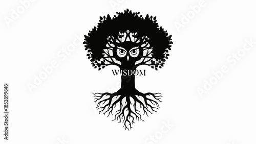 Majestic owl emerges from a wise, ancient tree symbolizing knowledge and growth.