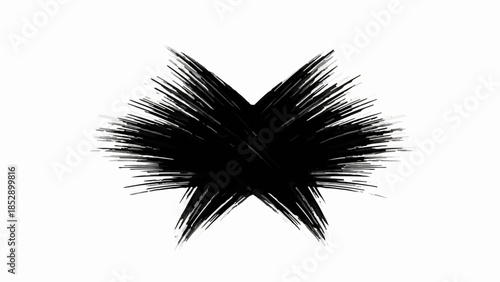 Bold black brush stroke forming an abstract 'X' shape on a white background, conveying a sense of disruption or negation.