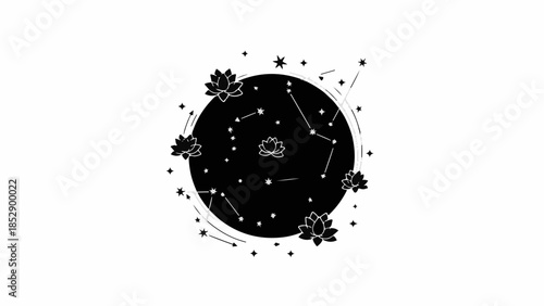 Mystical night sky with celestial constellations and blooming lotus flowers
