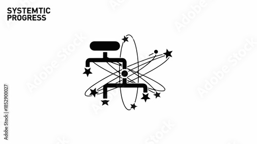 Abstract representation of chaotic progress and innovation with orbiting stars and a central structure.