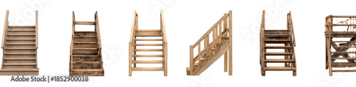 Assortment of six wooden stairs or ladder structures, each in a different style and design