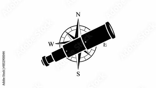 Vintage spyglass and compass symbolize exploration, discovery, and navigation on a white background.