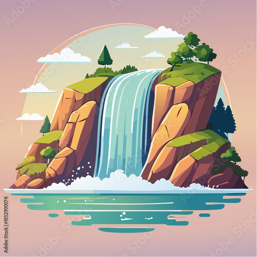 Cartoon illustration of a waterfall cascading over rocky cliffs into a pool of water.