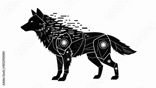 Futuristic robotic wolf dissolving into digital data streams, symbolizing technology and nature.