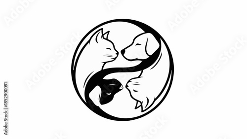Harmonious yin yang symbol with silhouettes of cat and dog faces, representing balance and companionship.