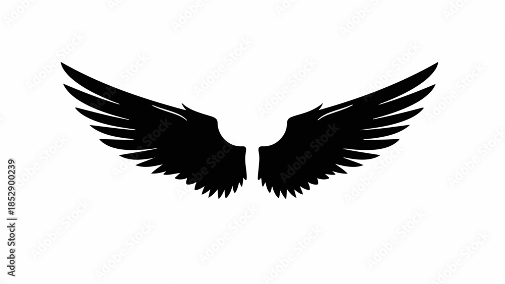 Fototapeta premium Bold black angel wings spread wide against a pure white background, symbolizing freedom and power.
