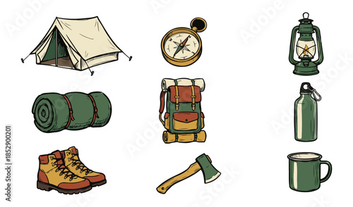 Camping gear icons adventure equipment isolated black background