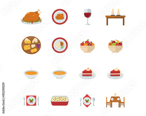 Festive dining and meal elements icons set