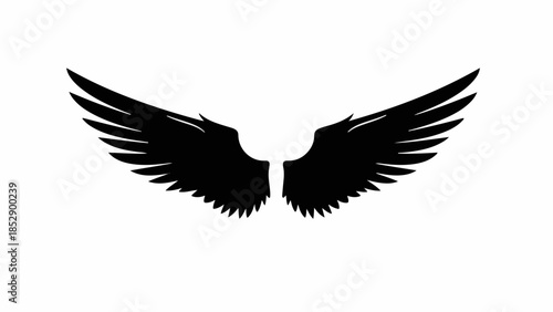 Bold black angel wings spread wide against a pure white background, symbolizing freedom and power.
