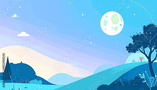 Blue-toned scenic landscape with stylized hills, a tree, and a glowing moon under a sky with clouds and stars