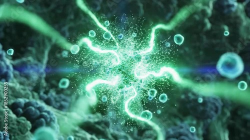 Abstract visualization of a microscopic biological process involving cell division and energy release within a complex environment