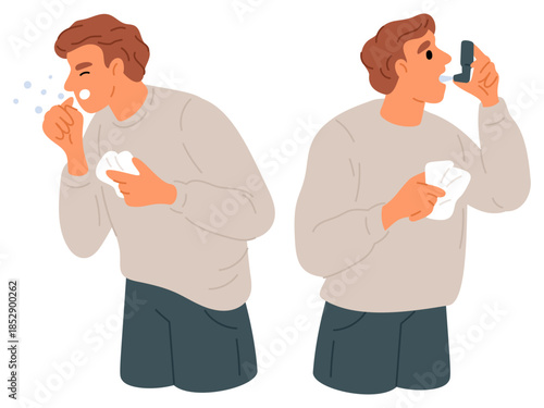 Young man uses inhaler for asthma attack. Assistance with breathing difficulties. Respiratory disease. Coughing person making inhalation. Bronchial illness treatment. Vector concept
