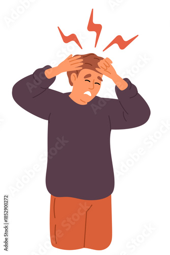 Young man holding his head. Guy suffering from headache. Migraine treatment. Pain of stress. Illness medical symptom. Hangover or painful disease. Person exhausted of aches. Vector concept