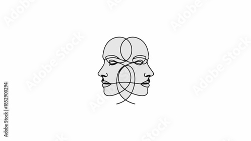 Abstract line art of two intertwined faces symbolizing duality and connection