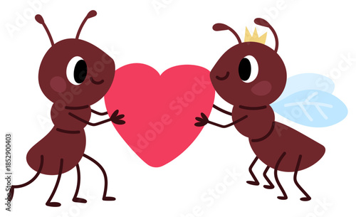 Two cute ants in love holding big red heart. Insects romantic dating. Beloved anthill bugs. Animals giving Valentine gifts. Romance and passion. Cute characters meeting. Vector concept