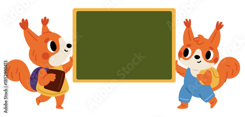 Two cartoon squirrels with backpacks and school notebooks holding green school board. Animals show chalkboard. Students study in classroom. Mammals carry class whiteboard. Vector concept
