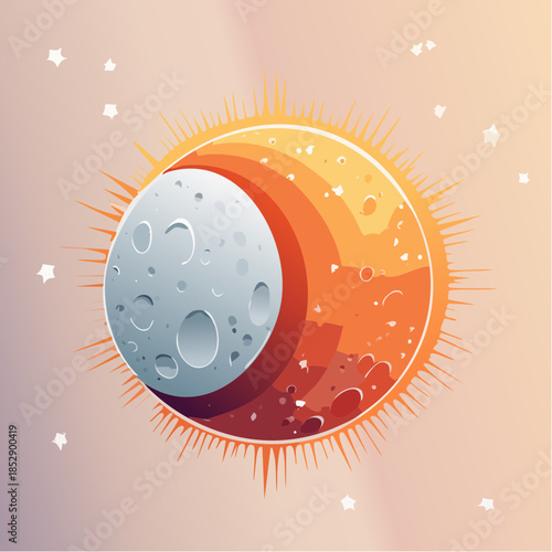 Stylized illustration of a solar eclipse with a cartoonish aesthetic.