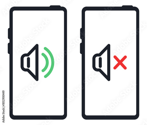 Smartphone icon with sound on and off. Ringing phone. Mute pictogram. Volume control. Device interface. App notification. Speaker level. UI signal. Voice mode. Vector audio symbols set