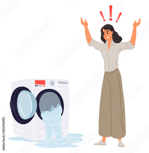 Shocked woman looks at broken washing machine from which water and foam are leaking. Domestic troubles. Laundry equipment. Plumbing problem. Woman and washer with leakage. Vector concept