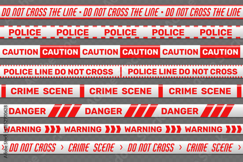 Red police warning adhesive tape. Restriction zone. Prohibited seamless cordon. Forbidden border. Accident fencing ribbons. Caution perimeter. Crime boundary. Vector set of barrier labels