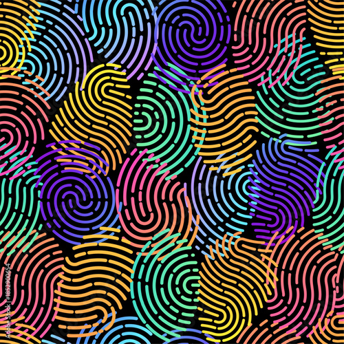 Multicolored human fingerprints seamless pattern. Thumbprints identity scanning. Gradient finger touch stamps. Repeated print. Unique biometric password verification. Vector background
