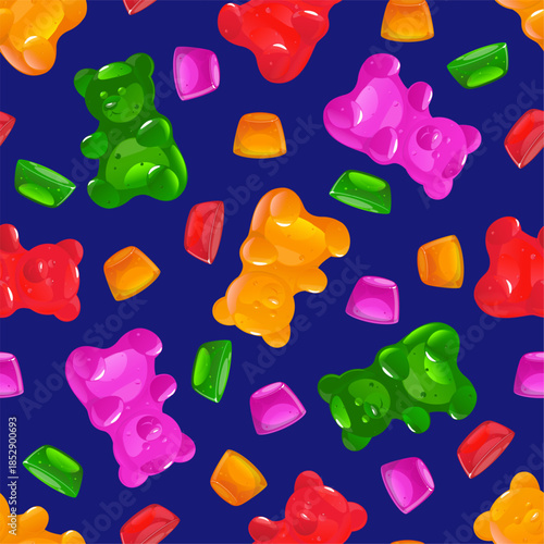 Multicolored gummy bear and chewy candy seamless pattern. Delicious snacks. Yummy confectionery. Repeated print. Animal shaped sweets. Jelly bonbon. Chewing marmalade. Vector background