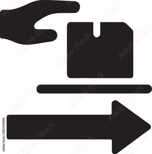 Hand releasing package onto arrow platform silhouette icon representing logistics dispatch