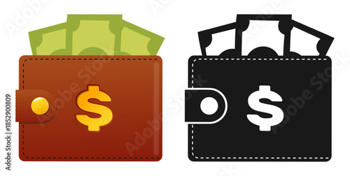 Leather wallet with paper bills and dollar sign. Black silhouette icon. Financial success. Cash banknotes in pouch. Banking payment. Rich businessman profit. Vector money purses set