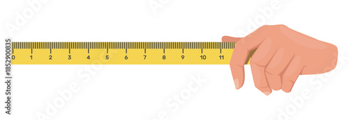 Hand holding measuring ruler. Process of measurement. Length determining. Size meter. Accuracy centimeter or inch straight scale. Yellow building instrument in builder arm. Vector concept