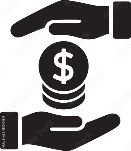 Hands exchanging stacked coins, secure money transfer icon silhouette, vector EPS