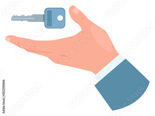 Hand holding key to front door. Symbol of buying or renting house. Latchkey on realtors and owners palms. Building purchase. Sellers or buyer arm gesture. Mortgage deal. Vector concept