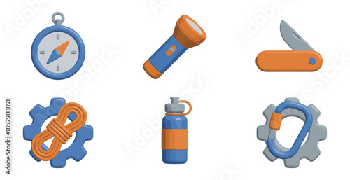 Outdoor adventure equipment icons isolated on black background