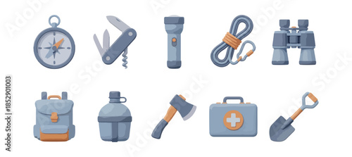 Outdoor adventure gear collection illustration isolated