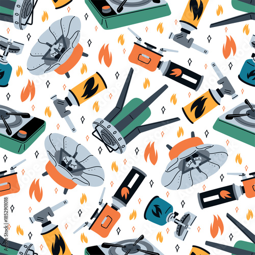Gas camping stoves and gas cylinders seamless pattern. Portable burners. Cooking equipment for picnics and campsite. Flammable tanks. Repeated print. Camp furnaces. Vector background