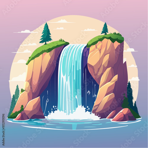 Cartoon illustration of a waterfall cascading over rocks into a pool of water.