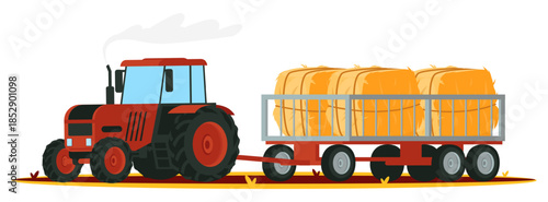 Farm tractor transports trailer with hay. Trolley full of straw rolls. Vehicle for farming cargo transportation. Freight cart. Haycocks and forage moving. Vector agriculture machine