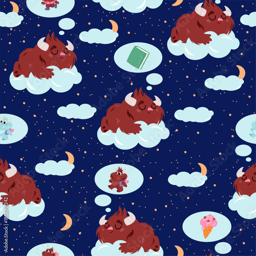 Cute snowman sleeps on sky cloud seamless pattern. Yeti characters dreams about ice cream and book. Happy sasquatch with backpack. Repeated print. Bigfoot daydreaming. Vector background